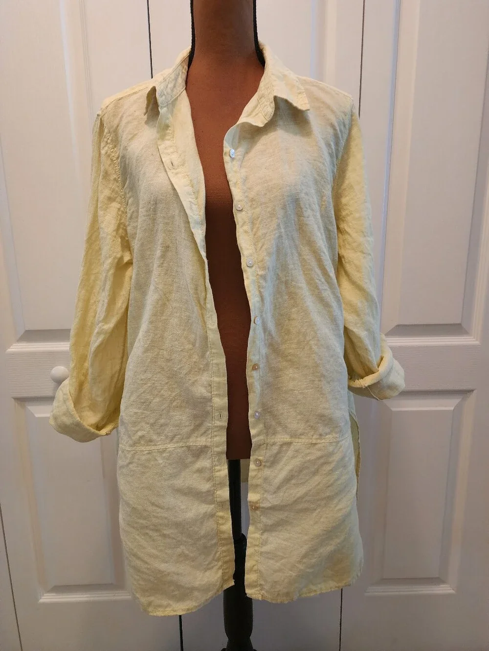 Tahari Essentials Light Yellow 100% Linen Button-Up Tunic Shirt